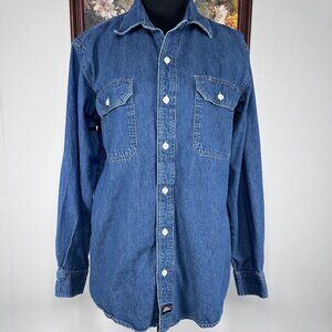 Dickie's Denim Long Sleeve Button Up T-Shirt Top Women Large Blue Pockets Casual